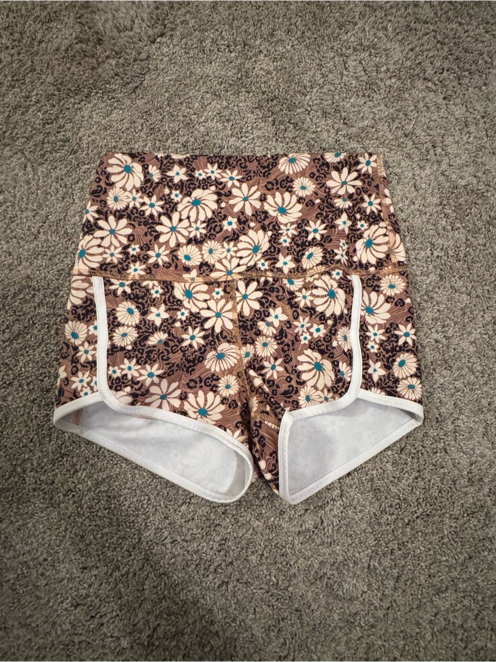 Free People Floral High-Rise Athletic Shorts in Brown, Cream & Teal